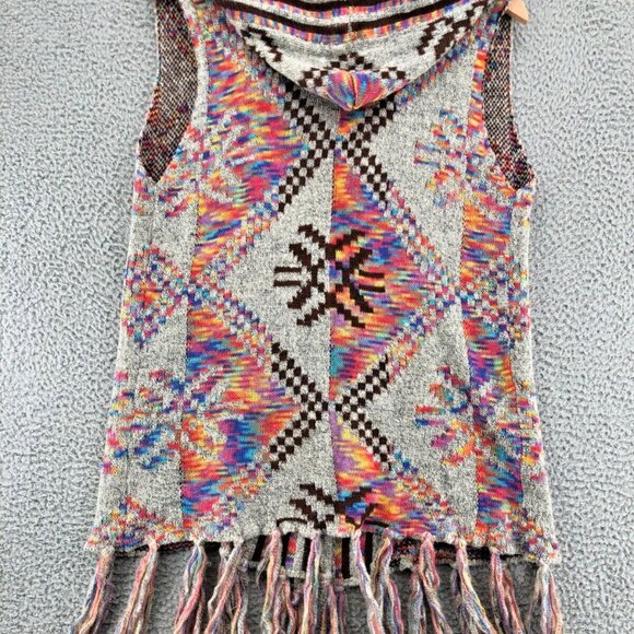Entro Sweater Womens Medium Ivory Multi Cardigan Sleeveless Hooded Fringe Aztec - Picture 4 of 10